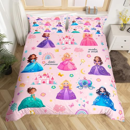 richhome Pink Princess Duvet Cover Single Size Cartoon Castle Bedding Set for Kids Decor Sweetheart Cute Comforter Cover Breathable Soft Lightweight Microfiber Cotton Bedroom Decor Bedclothes