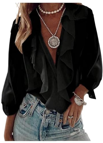 GORGLITTER Women's Ruffled Top Blouses Dressy Business Casual Button Up Long Sleeve V Neck Shirts Work Office Outfits Black Large