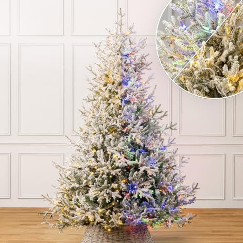 Christow Pre-Lit Flocked Verbier Fir Christmas Tree, 7ft | Dual-Colour LED Lights, Warm White to Multi-Colour, 11 Light Modes – Colour Changing, PE & PVC Tips, Mains Powered with Timer