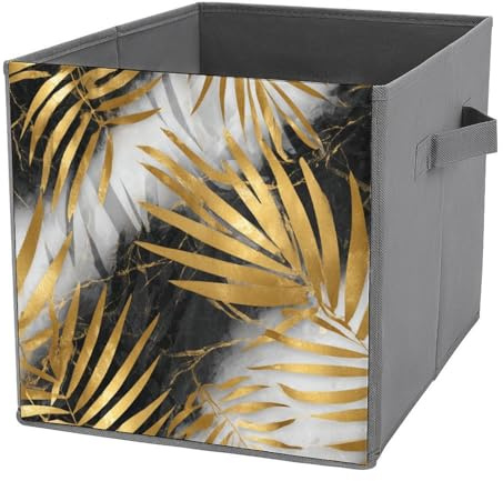 Jubonexis Cubos de almacenamiento de hojas de palma, color dorado, negro y blanco, cubos de almacenamiento plegables de tela decorativa, organizadores para el hogar con asas para estantes, armario, 27