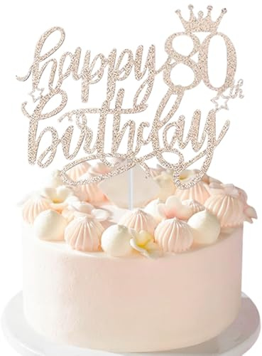 VGRDTM 80th Birthday Cake Topper, 80th Birthday Cake Decorations, Happy 80th Cake Topper, 3Pcs Champagne Gold Glitter Eighty Fabulous Cake Pick for Birthday Theme Party Supplies