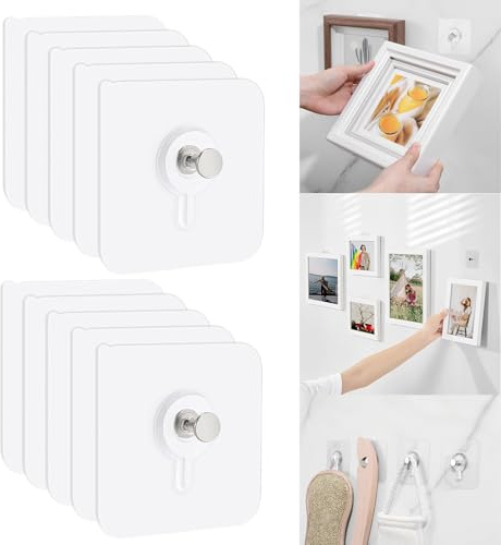 FIUHP Lot de 10 Accroche Tableau Sans Percer, Fixation Tableau Sans Percer, Accroche Tableau Adhesif Transparent Étanche, Crochet Adhesif Mural pour Cadre Tableaux Photo Peintures