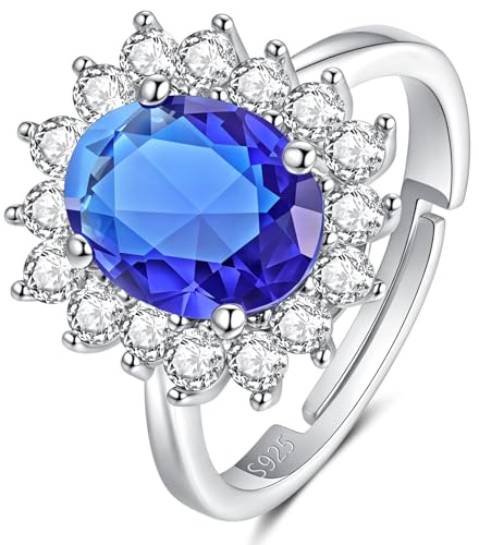 SNORSO Birthstone Sapphire Engagement Rings for Women,925 Sterling Silver Rings Halo Oval Blue Diamond Eternity Promise Finger Ring Anniversary Wedding Adjustable Silver Ladies Women Ring for Her Gift
