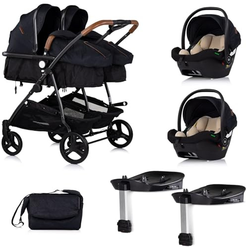 DUO SMART Passeggino gemelli o bambini ravvicinati larghezza 79 cm nero + 2 cosy i-Size nero con base Isofix
