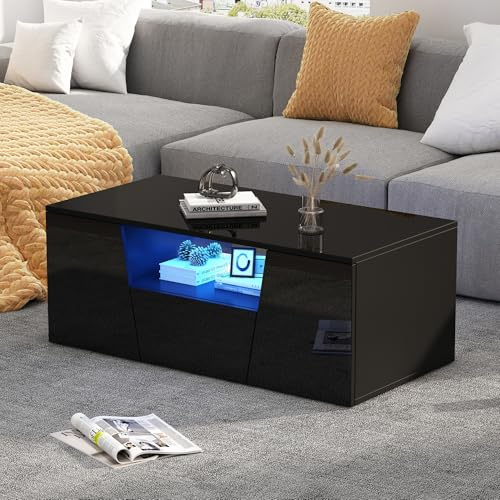 Merax Table Basse LED 100×50×40 cm – Table de Salon Moderne Noire avec 2 armoires, 1 tiroir et Rangement Central, Plateau laqué Haute Brillance, sofatisch Multifonction