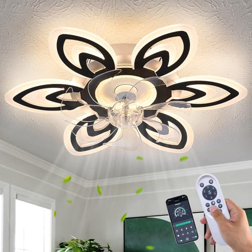 LiuShine Modern Flower Ceiling Fan with Light and Remote, Flush Mount Fandelier with 3-Color Dimmable LED & 6-Speed Silent Motor, Smart APP Control for Bedroom, Living Room, Kitchen - Black