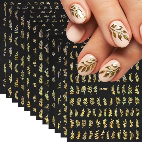 OuryTech Nagelsticker, 12 Stück Gold Leaf Nail Sticker Selbstklebend, Herbst Nagelaufkleber Blätter Design für Frauen Mädchen DIY Maniküre Nageldekoration