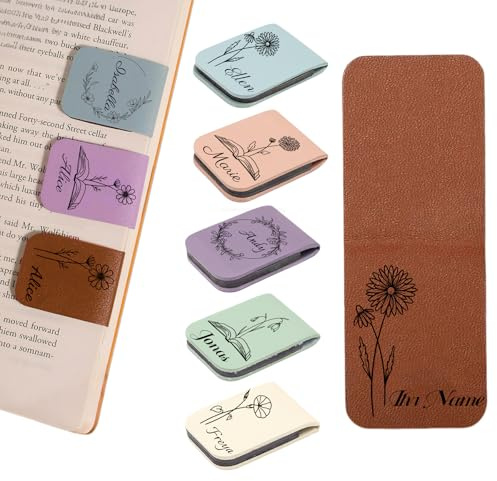 Personalisiertes Magnetisches Lesezeichen, Leder Lesezeichen magnetisch mit Namen und Geburtsblume bedruckt, Handgefertigt Retro PU Bookmarks, Geschenke für Liebhaber Freunde Leser Lehrer (B)