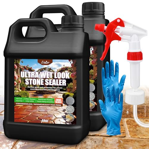 Wet Look Stone Sealer - Ultra Gloss Paver Sealer Stone Colour Enhancer Concrete Sealant with Long-Lasting Gloss Protection, Patio Sealer for Exterior Brick, Wood, Cement, Marble, Granite, Quartz (4L)