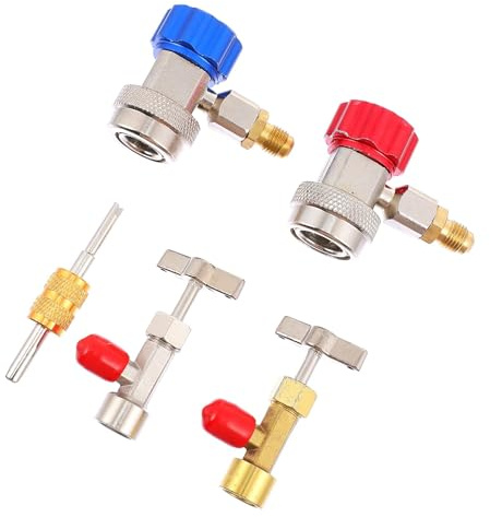 GARVALON Kit de Recarga de Aire Acondicionado para Coche R134a, con Válvulas de Grifo Autosellantes, Acopladores Rápidos de Alta y Baja Presión, Herramienta Desmonta Núcleos y Adaptadores