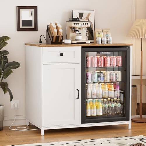 MSFE 2en1 Mueble Auxiliar de Cocina con Tomas, Aparador Cocina Soporte para Mini Nevera Mueble Almacenaje Auxiliar con Cajones para Comedor, Salón, Oficina, Dormitorio, 95x53.6x99 cm(Blanco)