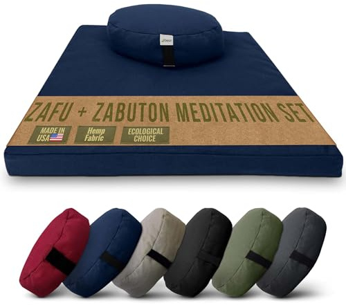 Meditation Cushion Mat Set HEMP- Large Oval Zafu Floor Pillow Organic Buckwheat Pillow + Cotton Filled HEMP Zabuton Prayer Pad - Meditation Pillow Yoga Knee Pad, Made in USA - 18 Oval, BLUEBERRY Hemp