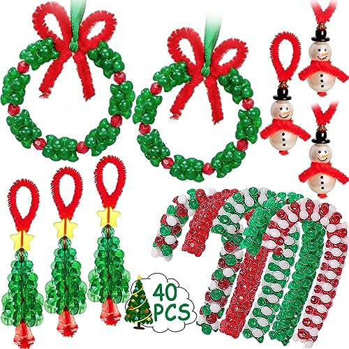 Weihnachtsbasteln für Kinder und Erwachsene, Perlen-Ornament-Set zur Herstellung von Kranz, Zuckerstange, Weihnachtsbaumschmuck, Partyzubehör, 40 Stück