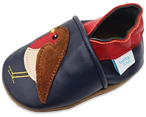 Dotty Fish Scarpine Unisex per Bambini e Neonati in Pelle a Piedi Nudi - Ragazzi e Ragazze, Disegni di Animali, Antiscivolo, Leggere, Flessibili, approvate dai podologi - Pettirosso 12-18 Mesi