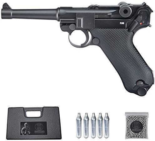 Ecommur. Legends P08 Blowback | Pistola de perdigones (Bolas BB's de Acero) de Aire comprimido semiautomática Tipo Luger Alemana 4,5mm + maletín + balines y CO2