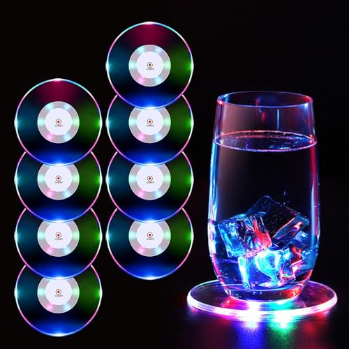 MEDOYOH 8er-Set Bunt LED Untersetzer für Getränke, ON/Off Wasserdicht Rund Untersetzer Acryl für Gläser Flaschen Partys Hochzeiten Bar Weihnachten Pub