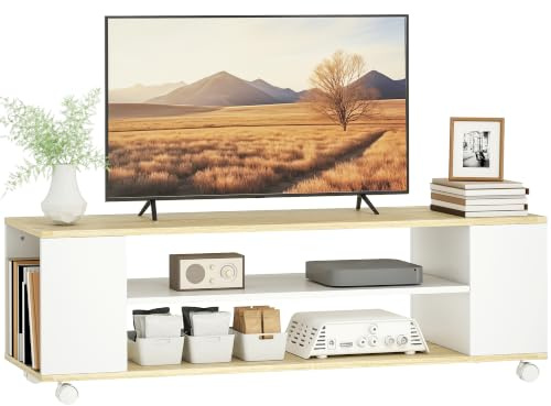 HOMCOM Mueble de TV con Ruedas para Salón 120x40x38,5 cm Natural y Blanco | Mesa de TV Suspendido o de Pie, con 4 Estantes Abiertos, para Televisión de 55 Pulgadas, Estilo Moderno
