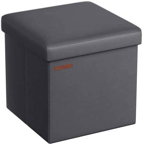 SONGMICS 38 cm Storage Ottoman, Folding Storage Bench with Lid, Cube Footstool, Synthetic Leather, 300 kg Load Capacity, for Entryway, Living Room, Bedroom, Slate Grey LSF010G51