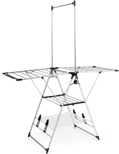COSTWAY Folding Clothes Drying Rack, Gullwing Clothes Airer Dryer Rack with Adjustable Height, High Hanger, Side Clips & Shoe Holders, Outdoor Indoor 3-Tier Laundry Rack Stand