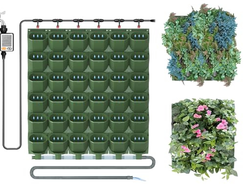 CEIEVER Self Watering Vertical Pocket Garden Wall 36Pcs, Vertical Living Green Wall with automatic irrigation system Planter Outdoor Hanging with timer Hanging Planter Bags