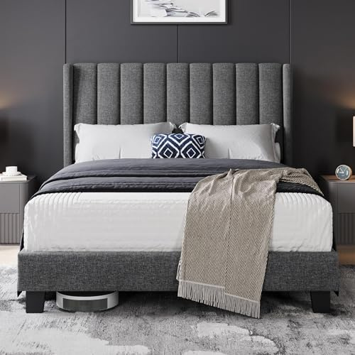 Yaheetech Double Bed Frame, Upholstered Platform Bed with Channel Tufted Headboard & Wing Side, Wood Slat Support, Mattress Foundation, No Box Spring Needed, Noise-free, 4ft6 Double Bed Dark Grey