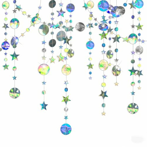 YAANBUNB 52 Feet Reflective Star Paper Garland, Silver Circle Dots Party Decoration Glitter Paper Garland Hanging Streamer Banner Glitter Circle Star Paper Decoration for Theme Party Backdrop Decor