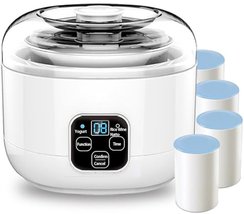 Yogurt Maker, Small Electric Yoghurt Making Machine, 1L Stainless Steel Inner Pot, 4 Ceramic Portion Cups, with Constant Temperature Control & Timer, Natto Maker Rice Wine Maker, for Home, Office