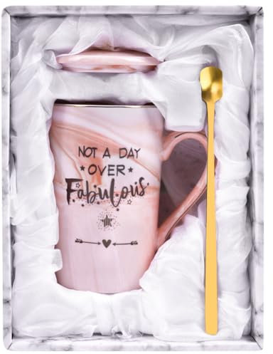HOTUT Ceramic Marble Mug, 400 ml Pink, Set with Gift Box, Stoneware Mug with Lid & Spoon, Perfect for Her Birthday