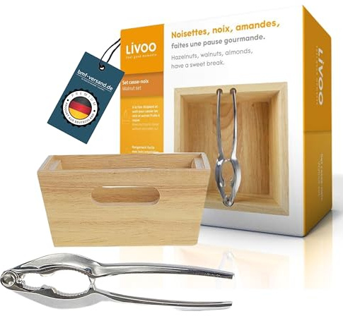bmf-versand® Nussknacker Set Edelstahl - Nussschale aus Holz Eckig - Doppel Holzschale 2 Nussschalen - Snackschale Nüsse - Nuss Knacker Walnussknacker mit Box - Holzschalen Set