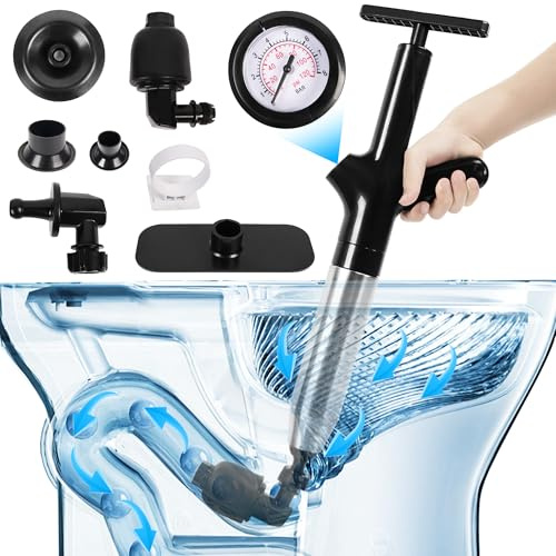 Air Toilet Plunger, Drain Clog Remover, High-Pressure Air Drain Blaster with Real-Time Barometer Powerful Drain Sink Plunger Plumbing Tools, Plungers for Bathroom Sink Floor Kitchen Clogged (Black)