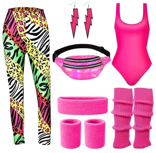 SSKHE 80er Jahre Outfit Damen Set,80er Jahre Workout Kostüm für Frauen,80s 90s Kleidung Kostüm Accessoires avec Stirnband Armbänder Beinwärmer Ohrringe Gürteltasche