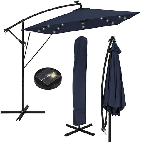 ML-Design Premium Stor Terrass Hängparasoll Ø330cm LED Solcell Marinblå Aluminium Modern Design UV50+ Solskydd Vattenavvisande 360° Roterbar Stabil Utomhus Parasoll För Trädgård Balkong Terrass