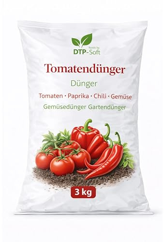 DTP-SOFT Tomatendünger 3kg - Paprika Dünger und Chili Dünger - Gemüsedünger für Tomaten, Paprika, Chili und Gemüsepflanzen - für kräftige Pflanzen, gesundes Wachstum und aromatische Früchte - für Gart