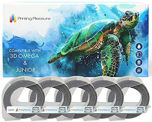 5er Pack Selbstklebenden Etiketten 3D weiß auf silber Prägeband 9mm x 3m, Kunststoff, kompatibel für DYMO Omega und Junior Etikettenprägegerät