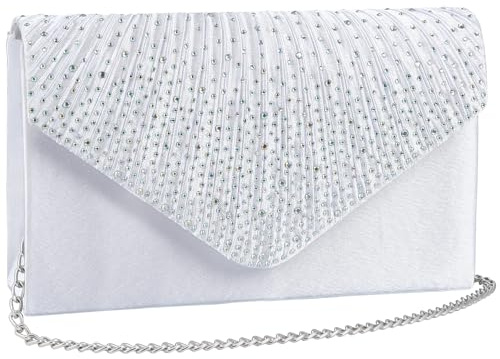 Wocharm Bolso de mano de satén con diamantes de imitación para mujer, bolso de noche para novia, bolso de hombro vintage, White