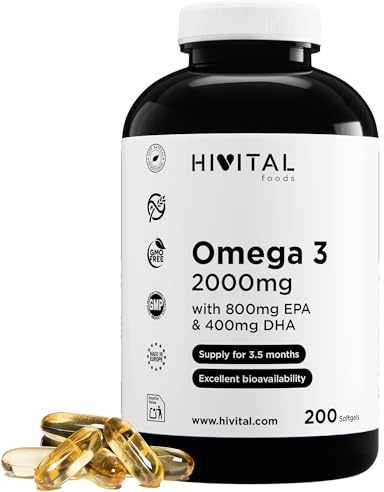 Omega 3 2000 mg. 200 capsule per più di 3 mesi di trattamento. | Con 800 mg di EPA, 400 mg di DHA e Vitamina E Naturale. L'unico con olio di pesce spagnolo. Prodotto in Europa da HIVITAL