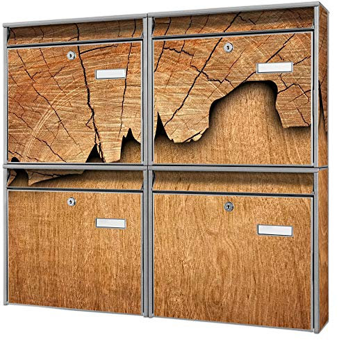 banjado Briefkastenanlage 4 Fach - Postkästen groß - verzinkter Stahl Silber DIN A4 Motiv Holz - Briefkasten Set 4 Briefkästen Namensschild, 2 Schlüssel, Montagematerial