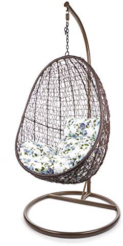 KIDEO Komplettset: Hängesessel mit Gestell & Kissen, Korbsessel, Poly-Rattan (Gestell- und Korbfarbe: braun, Kissen: Blumenmuster Nest (1078_icerose))