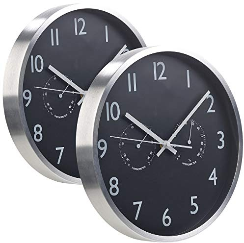 St. Leonhard Schlafzimmer-Wanduhr: 2er-Set 3in1-Funk-Wanduhren mit Thermometer & Hygrometer, Ø 30 cm (Funk analog, Funkuhr mit Hygrometer, Küche)