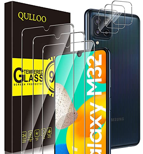 QULLOO Schutzfolie für Samsung Galaxy M32 4G / M22, 3 Stück Displayschutzfolie mit 3 Stück Kameraschutz [9H Härte Gehärtetes Glas ][HD Klar Schutzglas][Anti-Kratzen Folie]