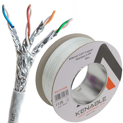 kenable Cable Ethernet Exterior Cat7 S/FTP Cobre Puro 23AWG Blindado UV Resistente Bobina 50 m [50 metros/50m] Blanco