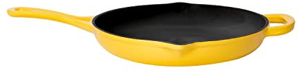 Larder & Vine Sartén de hierro fundido esmaltado, sartén antiadherente, no requiere condimento, asas ergonómicas y auxiliares, boquillas de vertido de 27 cm (limoncello)