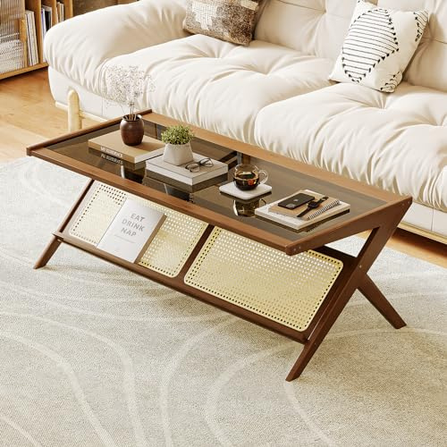 Bamworld Rattan Coffee Table with Glass Top Mid-Century Modern Center Table