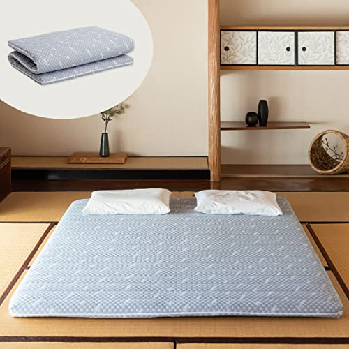 EMOOR Faltbare Hybrid-Futonmatratze 160 x 195 cm, Hochelastischer Urethanschaum 150N (Mittelfest) Mit Waschbarem Gepolstertem Bezug, Tatami-Boden-Schlafmattenauflage, Grau