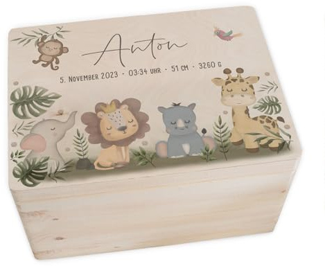 hellomini Personalisierte Erinnerungsbox Baby - Erinnerungskiste mit Namen aus Holz - Geschenk zur Geburt für Mädchen & Jungen - Babygeschenke (Safari, S: 30x20x14cm)