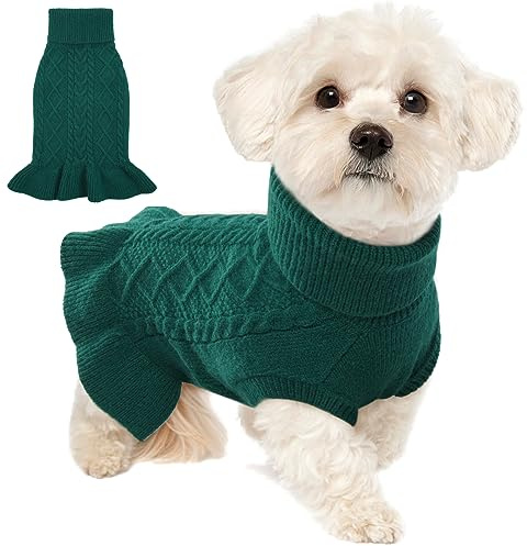 Lelepet Turtleneck Dog Jumper, Fall Winter Dog Sweater Dress, Dark Green XS | Soft Warm Puppy Sweater Coat for Small Dogs, Cold Weather Pet Knitwear Apparel for Christmas Holiday, Yorkie, Chihuahua