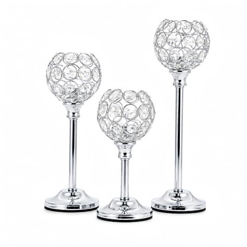 VINCIGANT 3er Set Silber Kristall Kerzenständer, Teelichthalter in 3 Höhen | Funkelnder Kerzenbecher mit Stabilem Metallbogenfuß für Hochzeiten, Wohnzimmer, Partys, Jubiläen und Weihnachtsdekorationen