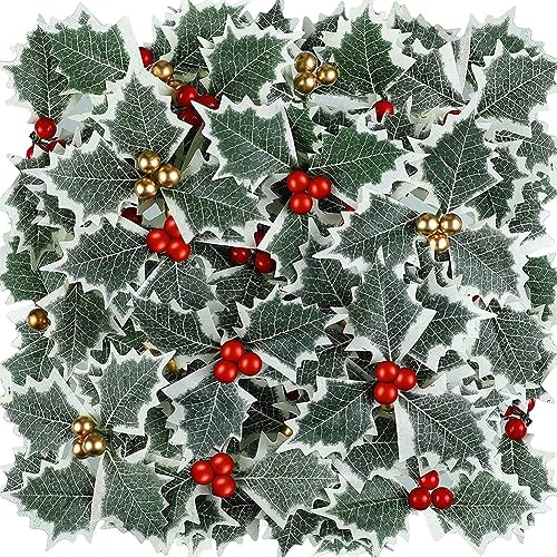 Yurosiay 10 Stück Weihnachtsbeeren Mit Grünen Blättern Künstliche Stechpalme Blätter Weihnachten Künstliche Stechpalmenbeeren Deko Mini Holly Berry für Geschenkbox Weihnachtskranz Tisch Rot