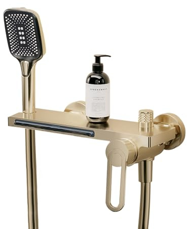 XJTNLB Wannenarmatur Wasserfall Bad Armaturen Badewanne Mischbatterie Wandmontage Badewannenarmatur mit 3 Modi Handbrause Gebürstetes Gold