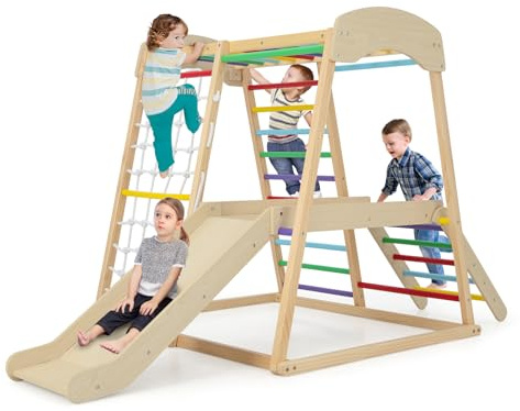 GOPLUS 6 en 1 Triángulo de Escalada Parque para Niños de 1 Año+, Juguetes de Escalada Grande de Madera con Tobogán/Red de Escalada/Barra, Juego de Montessori, Torre de Escalada, Carga 200 KG